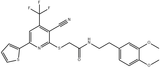 2-{[3-cyano-6-thien-2-yl-4-(trifluoromethyl)pyridin-2-yl]sulfanyl}-N-[2-(3,4-dimethoxyphenyl)ethyl]acetamide Structure