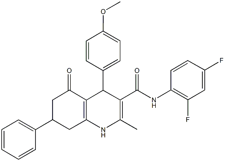 N-(2,4-difluorophenyl)-4-(4-methoxyphenyl)-2-methyl-5-oxo-7-phenyl-1,4,5,6,7,8-hexahydro-3-quinolinecarboxamide 구조식 이미지