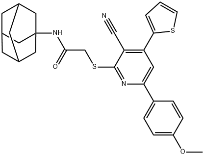 N-(1-adamantyl)-2-{[3-cyano-6-(4-methoxyphenyl)-4-thien-2-ylpyridin-2-yl]sulfanyl}acetamide Structure
