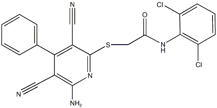 2-[(6-amino-3,5-dicyano-4-phenyl-2-pyridinyl)sulfanyl]-N-(2,6-dichlorophenyl)acetamide 구조식 이미지