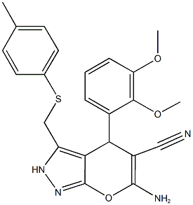 6-amino-4-(2,3-dimethoxyphenyl)-3-{[(4-methylphenyl)sulfanyl]methyl}-2,4-dihydropyrano[2,3-c]pyrazole-5-carbonitrile Structure