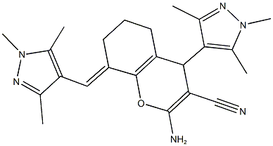 2-amino-4-(1,3,5-trimethyl-1H-pyrazol-4-yl)-8-[(1,3,5-trimethyl-1H-pyrazol-4-yl)methylene]-5,6,7,8-tetrahydro-4H-chromene-3-carbonitrile 구조식 이미지