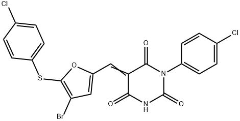 5-({4-bromo-5-[(4-chlorophenyl)sulfanyl]-2-furyl}methylene)-1-(4-chlorophenyl)-2,4,6(1H,3H,5H)-pyrimidinetrione Structure