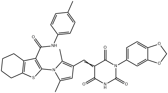 2-{3-[(1-(1,3-benzodioxol-5-yl)-2,4,6-trioxotetrahydro-5(2H)-pyrimidinylidene)methyl]-2,5-dimethyl-1H-pyrrol-1-yl}-N-(4-methylphenyl)-4,5,6,7-tetrahydro-1-benzothiophene-3-carboxamide 구조식 이미지