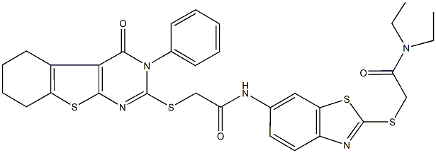 N-(2-{[2-(diethylamino)-2-oxoethyl]sulfanyl}-1,3-benzothiazol-6-yl)-2-[(4-oxo-3-phenyl-3,4,5,6,7,8-hexahydro[1]benzothieno[2,3-d]pyrimidin-2-yl)sulfanyl]acetamide 구조식 이미지