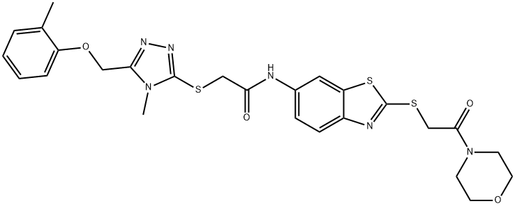 2-({4-methyl-5-[(2-methylphenoxy)methyl]-4H-1,2,4-triazol-3-yl}sulfanyl)-N-{2-[(2-morpholin-4-yl-2-oxoethyl)sulfanyl]-1,3-benzothiazol-6-yl}acetamide Structure