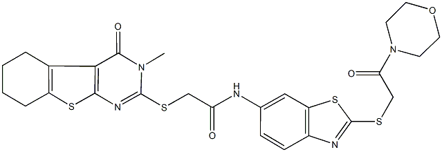 2-[(3-methyl-4-oxo-3,4,5,6,7,8-hexahydro[1]benzothieno[2,3-d]pyrimidin-2-yl)sulfanyl]-N-{2-[(2-morpholin-4-yl-2-oxoethyl)sulfanyl]-1,3-benzothiazol-6-yl}acetamide 구조식 이미지