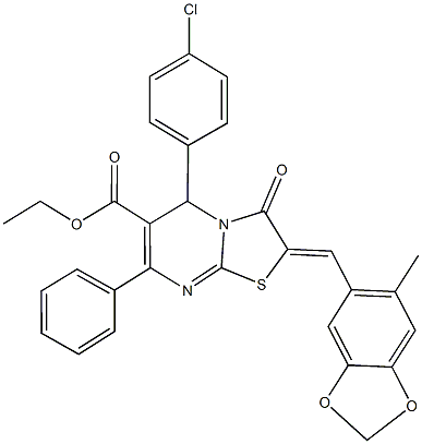 ethyl 5-(4-chlorophenyl)-2-[(6-methyl-1,3-benzodioxol-5-yl)methylene]-3-oxo-7-phenyl-2,3-dihydro-5H-[1,3]thiazolo[3,2-a]pyrimidine-6-carboxylate Structure