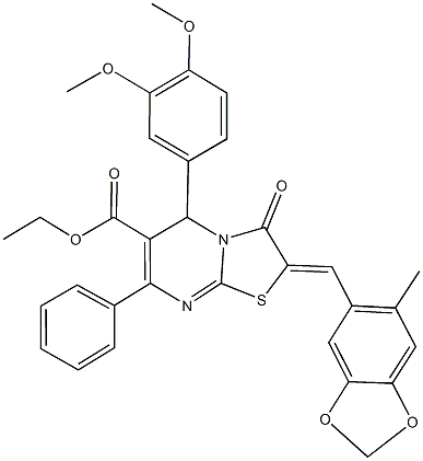 ethyl 5-(3,4-dimethoxyphenyl)-2-[(6-methyl-1,3-benzodioxol-5-yl)methylene]-3-oxo-7-phenyl-2,3-dihydro-5H-[1,3]thiazolo[3,2-a]pyrimidine-6-carboxylate 구조식 이미지