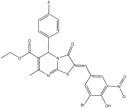 ethyl 2-{3-bromo-4-hydroxy-5-nitrobenzylidene}-5-(4-fluorophenyl)-7-methyl-3-oxo-2,3-dihydro-5H-[1,3]thiazolo[3,2-a]pyrimidine-6-carboxylate 구조식 이미지