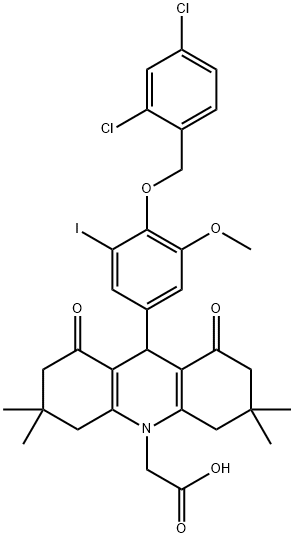 (9-{4-[(2,4-dichlorobenzyl)oxy]-3-iodo-5-methoxyphenyl}-3,3,6,6-tetramethyl-1,8-dioxo-2,3,4,5,6,7,8,9-octahydro-10(1H)-acridinyl)acetic acid Structure