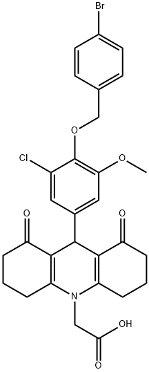 (9-{4-[(4-bromobenzyl)oxy]-3-chloro-5-methoxyphenyl}-1,8-dioxo-2,3,4,5,6,7,8,9-octahydro-10(1H)-acridinyl)acetic acid Structure