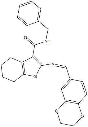 N-benzyl-2-[(2,3-dihydro-1,4-benzodioxin-6-ylmethylene)amino]-4,5,6,7-tetrahydro-1-benzothiophene-3-carboxamide 구조식 이미지