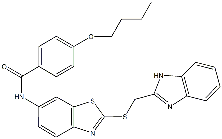 N-{2-[(1H-benzimidazol-2-ylmethyl)sulfanyl]-1,3-benzothiazol-6-yl}-4-butoxybenzamide 구조식 이미지