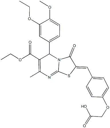 {4-[(6-(ethoxycarbonyl)-5-(3-ethoxy-4-methoxyphenyl)-7-methyl-3-oxo-5H-[1,3]thiazolo[3,2-a]pyrimidin-2(3H)-ylidene)methyl]phenoxy}acetic acid Structure