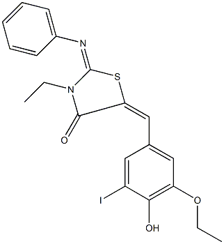 5-(3-ethoxy-4-hydroxy-5-iodobenzylidene)-3-ethyl-2-(phenylimino)-1,3-thiazolidin-4-one 구조식 이미지