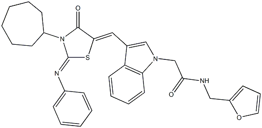 2-(3-{[3-cycloheptyl-4-oxo-2-(phenylimino)-1,3-thiazolidin-5-ylidene]methyl}-1H-indol-1-yl)-N-(2-furylmethyl)acetamide Structure