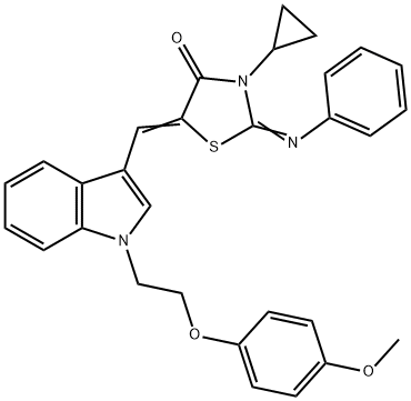 3-cyclopropyl-5-({1-[2-(4-methoxyphenoxy)ethyl]-1H-indol-3-yl}methylene)-2-(phenylimino)-1,3-thiazolidin-4-one 구조식 이미지