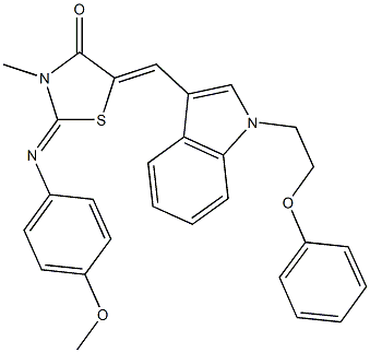 2-[(4-methoxyphenyl)imino]-3-methyl-5-{[1-(2-phenoxyethyl)-1H-indol-3-yl]methylene}-1,3-thiazolidin-4-one 구조식 이미지