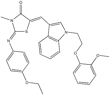 2-[(4-ethoxyphenyl)imino]-5-({1-[2-(2-methoxyphenoxy)ethyl]-1H-indol-3-yl}methylene)-3-methyl-1,3-thiazolidin-4-one 구조식 이미지