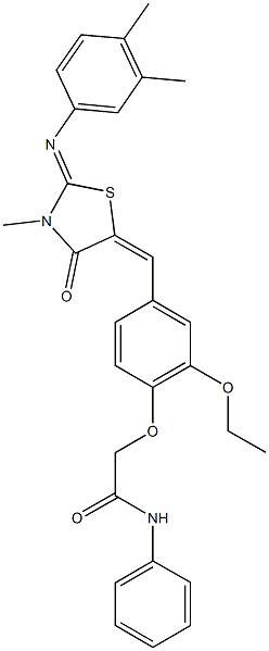 2-[4-({2-[(3,4-dimethylphenyl)imino]-3-methyl-4-oxo-1,3-thiazolidin-5-ylidene}methyl)-2-ethoxyphenoxy]-N-phenylacetamide Structure