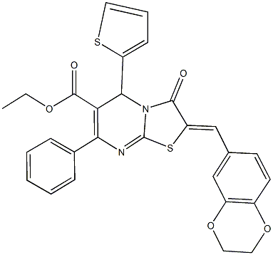 ethyl 2-(2,3-dihydro-1,4-benzodioxin-6-ylmethylene)-3-oxo-7-phenyl-5-(2-thienyl)-2,3-dihydro-5H-[1,3]thiazolo[3,2-a]pyrimidine-6-carboxylate Structure