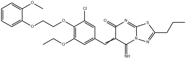 6-{3-chloro-5-ethoxy-4-[2-(2-methoxyphenoxy)ethoxy]benzylidene}-5-imino-2-propyl-5,6-dihydro-7H-[1,3,4]thiadiazolo[3,2-a]pyrimidin-7-one Structure