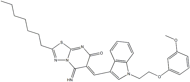 2-heptyl-5-imino-6-({1-[2-(3-methoxyphenoxy)ethyl]-1H-indol-3-yl}methylene)-5,6-dihydro-7H-[1,3,4]thiadiazolo[3,2-a]pyrimidin-7-one 구조식 이미지