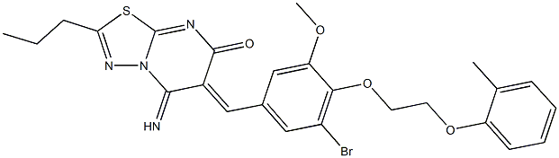 6-{3-bromo-5-methoxy-4-[2-(2-methylphenoxy)ethoxy]benzylidene}-5-imino-2-propyl-5,6-dihydro-7H-[1,3,4]thiadiazolo[3,2-a]pyrimidin-7-one 구조식 이미지