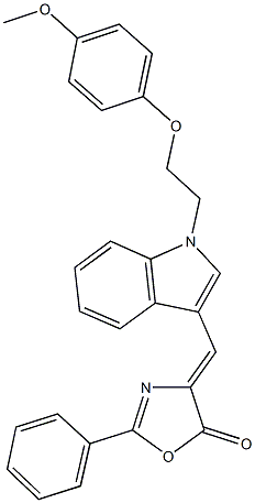 4-({1-[2-(4-methoxyphenoxy)ethyl]-1H-indol-3-yl}methylene)-2-phenyl-1,3-oxazol-5(4H)-one 구조식 이미지