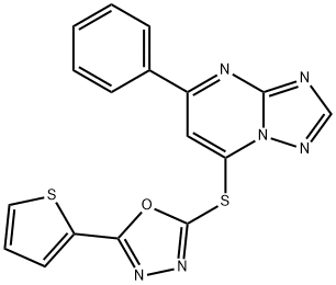 5-phenyl-7-{[5-(2-thienyl)-1,3,4-oxadiazol-2-yl]sulfanyl}[1,2,4]triazolo[1,5-a]pyrimidine 구조식 이미지