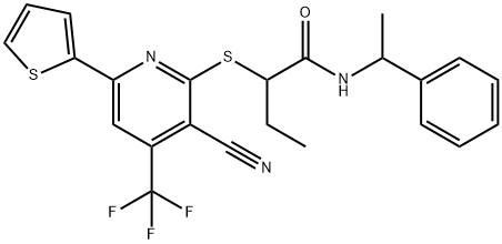 2-{[3-cyano-6-thien-2-yl-4-(trifluoromethyl)pyridin-2-yl]sulfanyl}-N-(1-phenylethyl)butanamide Structure