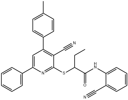 2-{[3-cyano-4-(4-methylphenyl)-6-phenylpyridin-2-yl]sulfanyl}-N-(2-cyanophenyl)butanamide 구조식 이미지