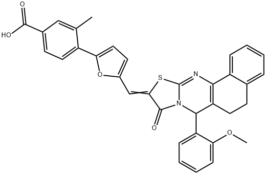 4-{5-[(7-(2-methoxyphenyl)-9-oxo-5,7-dihydro-6H-benzo[h][1,3]thiazolo[2,3-b]quinazolin-10(9H)-ylidene)methyl]-2-furyl}-3-methylbenzoic acid 구조식 이미지