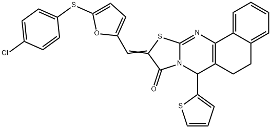 10-({5-[(4-chlorophenyl)sulfanyl]-2-furyl}methylene)-7-(2-thienyl)-5,7-dihydro-6H-benzo[h][1,3]thiazolo[2,3-b]quinazolin-9(10H)-one Structure