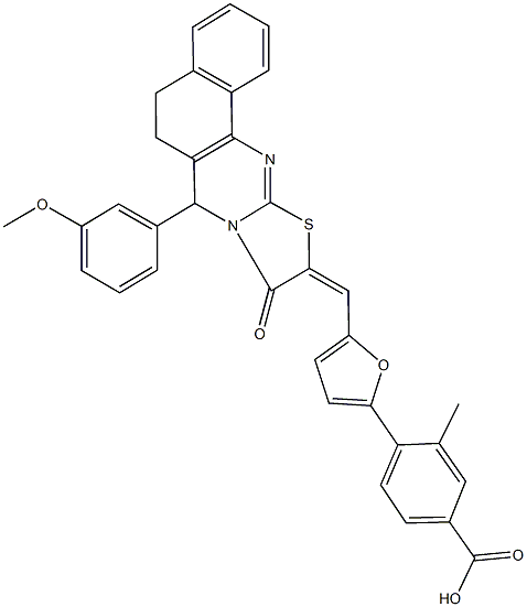 4-{5-[(7-(3-methoxyphenyl)-9-oxo-5,7-dihydro-6H-benzo[h][1,3]thiazolo[2,3-b]quinazolin-10(9H)-ylidene)methyl]-2-furyl}-3-methylbenzoic acid 구조식 이미지