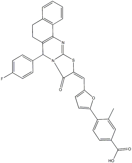 4-{5-[(7-(4-fluorophenyl)-9-oxo-5,7-dihydro-6H-benzo[h][1,3]thiazolo[2,3-b]quinazolin-10(9H)-ylidene)methyl]-2-furyl}-3-methylbenzoic acid Structure