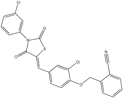 2-[(2-chloro-4-{[3-(3-chlorophenyl)-2,4-dioxo-1,3-thiazolidin-5-ylidene]methyl}phenoxy)methyl]benzonitrile 구조식 이미지