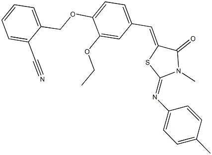 2-{[2-ethoxy-4-({3-methyl-2-[(4-methylphenyl)imino]-4-oxo-1,3-thiazolidin-5-ylidene}methyl)phenoxy]methyl}benzonitrile 구조식 이미지