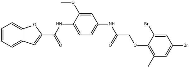 N-(4-{[(2,4-dibromo-6-methylphenoxy)acetyl]amino}-2-methoxyphenyl)-1-benzofuran-2-carboxamide 구조식 이미지