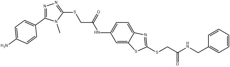 2-{[5-(4-aminophenyl)-4-methyl-4H-1,2,4-triazol-3-yl]sulfanyl}-N-(2-{[2-(benzylamino)-2-oxoethyl]sulfanyl}-1,3-benzothiazol-6-yl)acetamide 구조식 이미지