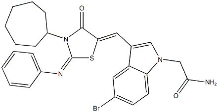 2-(5-bromo-3-{[3-cycloheptyl-4-oxo-2-(phenylimino)-1,3-thiazolidin-5-ylidene]methyl}-1H-indol-1-yl)acetamide Structure