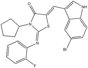 5-[(5-bromo-1H-indol-3-yl)methylene]-3-cyclopentyl-2-[(2-fluorophenyl)imino]-1,3-thiazolidin-4-one 구조식 이미지
