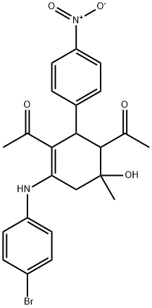 1-(3-acetyl-4-(4-bromoanilino)-6-hydroxy-2-{4-nitrophenyl}-6-methylcyclohex-3-en-1-yl)ethanone 구조식 이미지