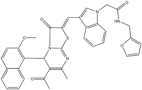 2-{3-[(6-acetyl-5-(2-methoxy-1-naphthyl)-7-methyl-3-oxo-5H-[1,3]thiazolo[3,2-a]pyrimidin-2(3H)-ylidene)methyl]-1H-indol-1-yl}-N-(2-furylmethyl)acetamide 구조식 이미지
