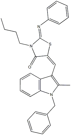 5-[(1-benzyl-2-methyl-1H-indol-3-yl)methylene]-3-butyl-2-(phenylimino)-1,3-thiazolidin-4-one Structure