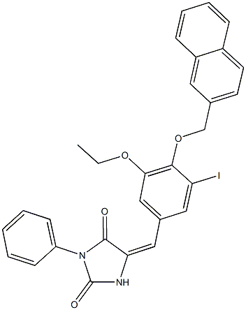 5-[3-ethoxy-5-iodo-4-(2-naphthylmethoxy)benzylidene]-3-phenyl-2,4-imidazolidinedione Structure