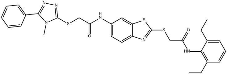 N-(2-{[2-(2,6-diethylanilino)-2-oxoethyl]sulfanyl}-1,3-benzothiazol-6-yl)-2-[(4-methyl-5-phenyl-4H-1,2,4-triazol-3-yl)sulfanyl]acetamide Structure