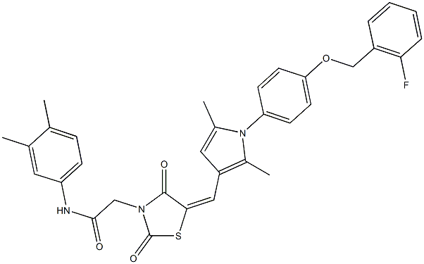 N-(3,4-dimethylphenyl)-2-{5-[(1-{4-[(2-fluorobenzyl)oxy]phenyl}-2,5-dimethyl-1H-pyrrol-3-yl)methylene]-2,4-dioxo-1,3-thiazolidin-3-yl}acetamide Structure