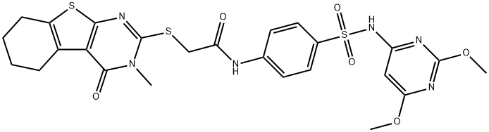 N-(4-{[(2,6-dimethoxy-4-pyrimidinyl)amino]sulfonyl}phenyl)-2-[(3-methyl-4-oxo-3,4,5,6,7,8-hexahydro[1]benzothieno[2,3-d]pyrimidin-2-yl)sulfanyl]acetamide 구조식 이미지